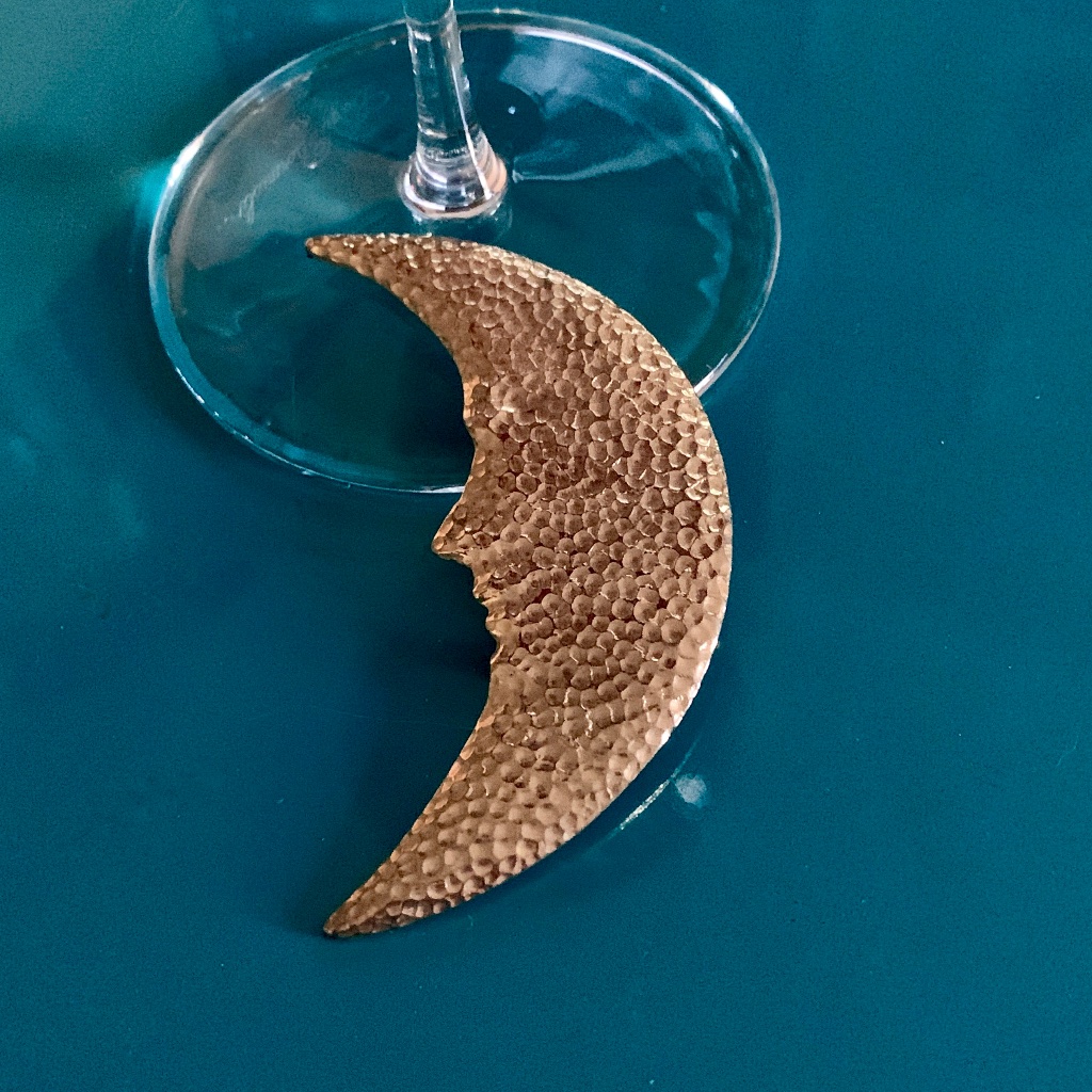 Moon Brooch - Gold Tone Hammered Man In The Moon Brooch